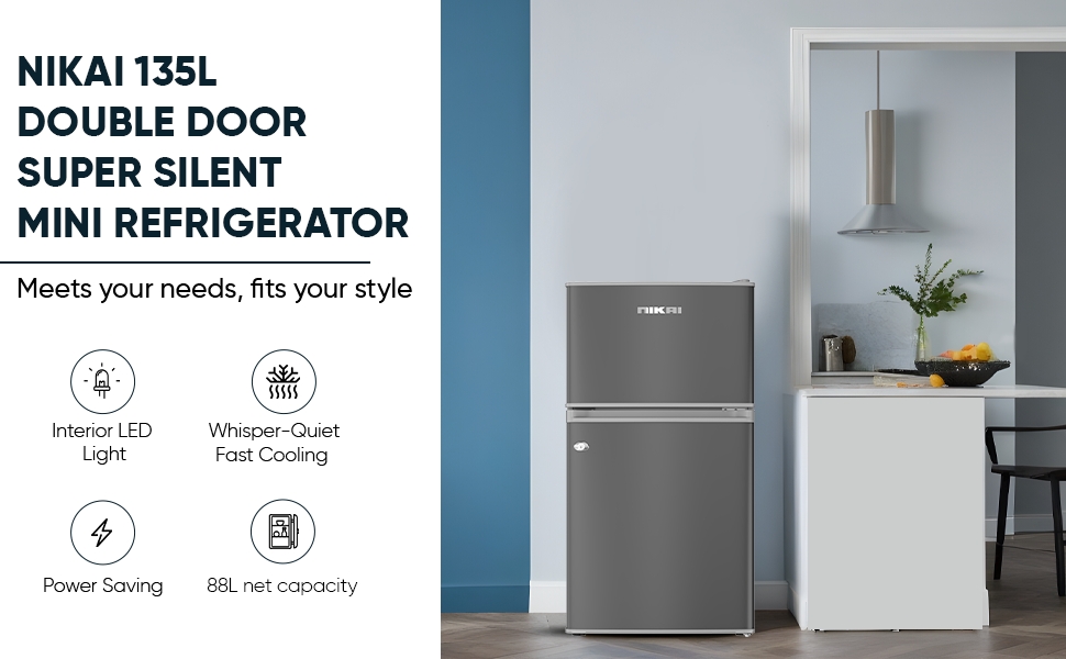 Nikai 135L Double Door Mini Refrigerator - NRF135DDS